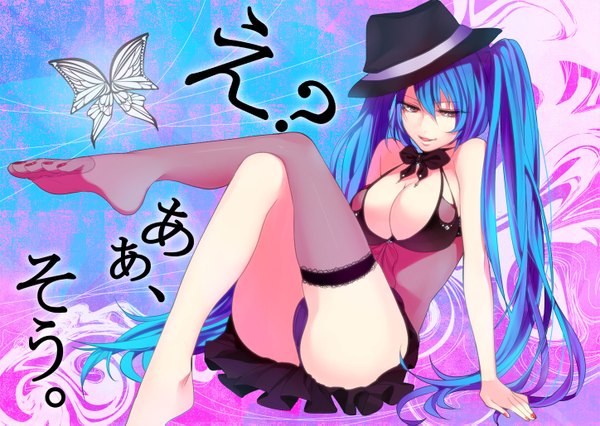 Anime picture 1447x1029 with vocaloid hatsune miku suko mugi single long hair breasts light erotic red eyes blue hair cleavage girl thighhighs underwear panties hat single thighhigh fedora