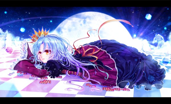 Anime picture 1682x1024 with no game no life madhouse shiro (no game no life) mokoppe single long hair hair between eyes wide image blue hair looking away purple hair lying multicolored hair orange eyes letterboxed gradient hair on stomach checkered floor floor girl