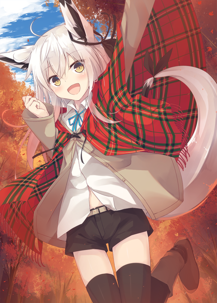 Anime picture 833x1165 with original nagishiro mito single long hair tall image looking at viewer blush fringe open mouth hair between eyes brown eyes animal ears sky silver hair cloud (clouds) ahoge outdoors tail long sleeves :d