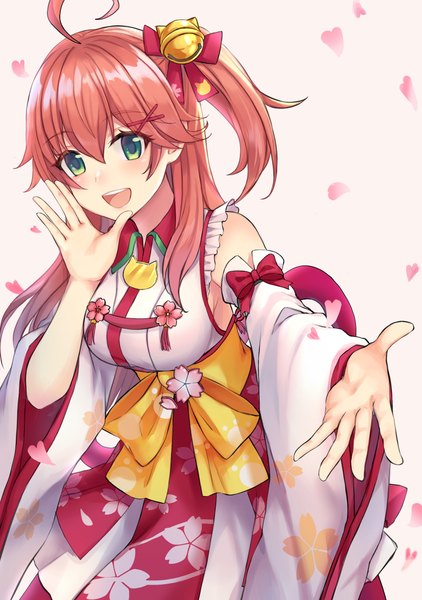 Anime picture 1764x2508 with virtual youtuber hololive sakura miko sakura miko (1st costume) touri tarou (misconception) single long hair tall image blush fringe highres open mouth hair between eyes green eyes pink hair traditional clothes :d japanese clothes one side up outstretched hand