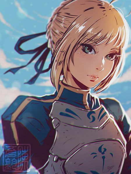 Anime picture 768x1024 with fate (series) fate/stay night type-moon artoria pendragon (all) saber koyoriin single long hair tall image looking at viewer fringe blonde hair sky cloud (clouds) ahoge braid (braids) aqua eyes wind sunlight girl
