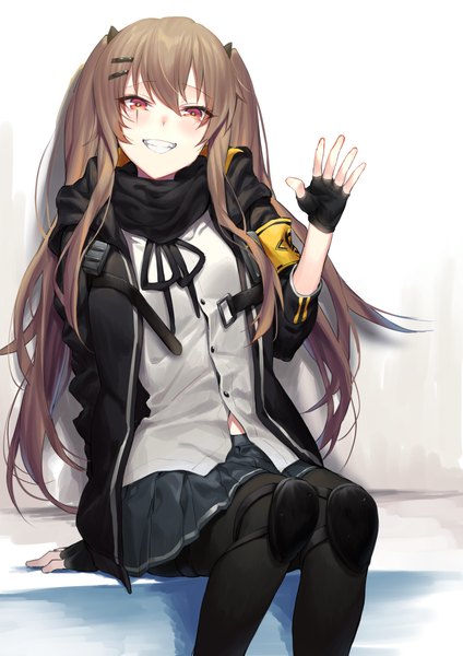 Anime picture 2894x4093 with girls frontline ump9 (girls frontline) kyo single long hair tall image looking at viewer blush fringe highres simple background smile hair between eyes red eyes brown hair sitting twintails payot pleated skirt arm support