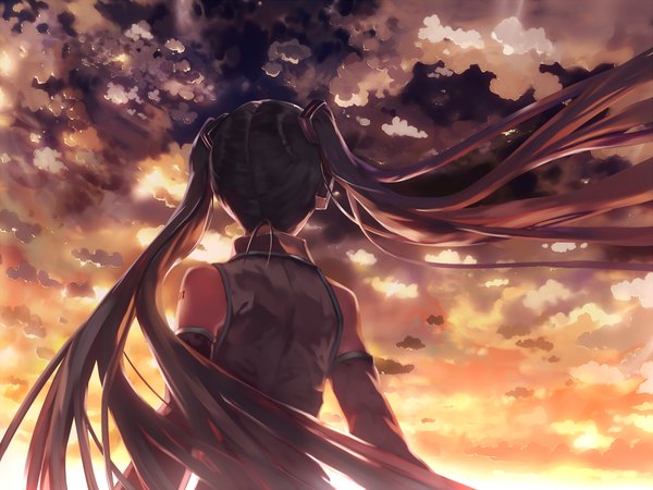 Anime picture 1920x1440 with vocaloid hatsune miku bob (biyonbiyon) single highres twintails looking away sky cloud (clouds) very long hair wind from behind aqua hair wallpaper evening girl detached sleeves headphones vest