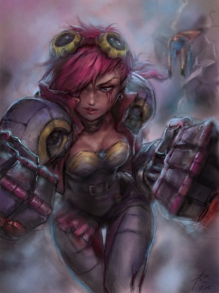 Anime picture 1152x1536 with league of legends vi (league of legends) phantom (ptcrow) single tall image fringe short hair pink hair black eyes hair over one eye tattoo girl weapon goggles huge weapon