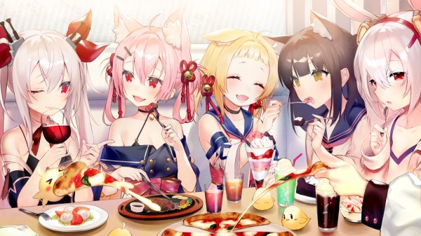 イラスト 1200x675 と アズールレーン manjuu (azur lane) ラフィー(アズールレーン) ヴァンパイア(アズールレーン) yuugure (azur lane) 初霜(アズールレーン) 有明(アズールレーン) 白子せい 長髪 カメラ目線 赤面 前髪 短い髪 開いた口 黒髪 金髪 hair between eyes 赤い目 wide image ツインテール