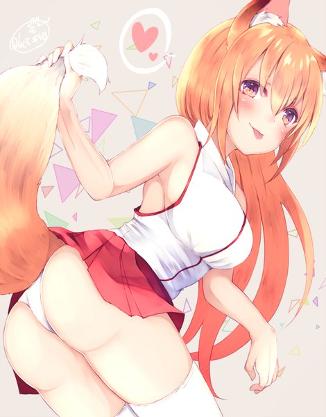 Anime picture 784x1000 with original chita (ketchup) single long hair tall image looking at viewer blush fringe light erotic simple background hair between eyes bare shoulders holding animal ears ass tail animal tail pleated skirt looking back orange hair