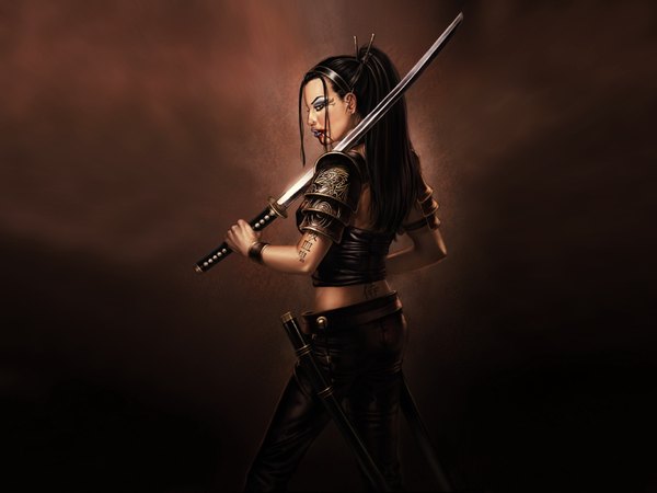 Anime picture 1600x1200 with aly fell single long hair ponytail looking back from behind tattoo piercing weapon over shoulder samurai girl hair ornament weapon sword bracelet armor katana blood pants hairpin (hairpins)