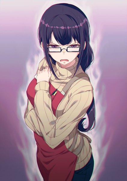 Anime picture 1000x1417 with iya na kao sare nagara opantsu misete moraitai original matsuura shiori 40hara single long hair tall image looking at viewer fringe open mouth simple background hair between eyes standing purple eyes payot purple hair gradient background crossed arms angry purple background