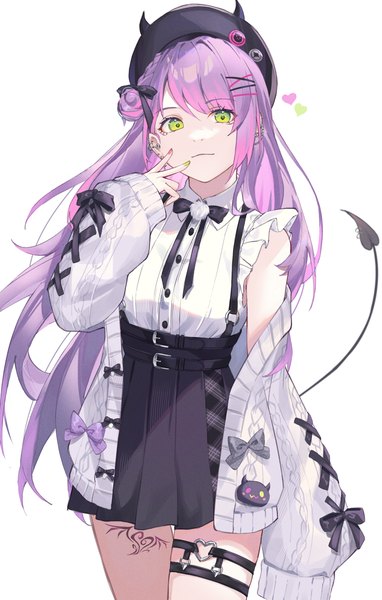 Anime picture 1333x2093 with virtual youtuber hololive tokoyami towa tokoyami towa (jirai kei) nihnfinite8 single long hair tall image looking at viewer simple background white background green eyes purple hair tail nail polish pleated skirt off shoulder tattoo piercing official alternate costume