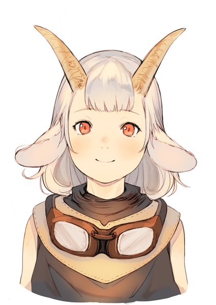 Anime picture 2894x4093 with original ikoan single tall image looking at viewer blush fringe highres short hair simple background smile red eyes white background animal ears upper body white hair blunt bangs horn (horns) portrait goggles around neck