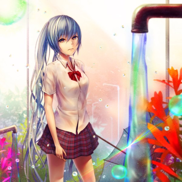 Anime picture 2000x2000 with vocaloid hatsune miku oki (koi0koi) single long hair looking at viewer highres red eyes twintails blue hair girl skirt flower (flowers) shirt water bubble (bubbles)
