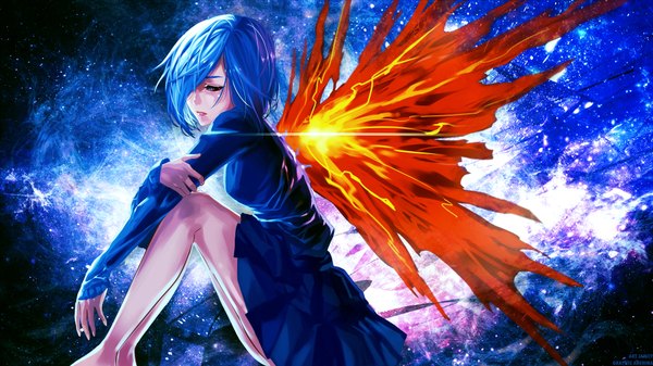 Anime picture 1920x1080 with tokyo ghoul studio pierrot kirishima touka arehina single looking at viewer fringe highres short hair wide image sitting blue hair bent knee (knees) barefoot hair over one eye bare legs no shoes black sclera girl wings