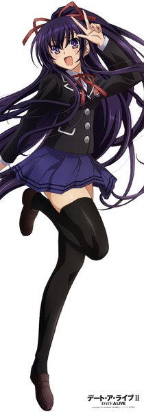 Anime picture 1408x4014 with date a live yatogami tooka single long hair tall image blush open mouth white background purple eyes purple hair ponytail scan official art girl thighhighs skirt uniform ribbon (ribbons) black thighhighs hair ribbon
