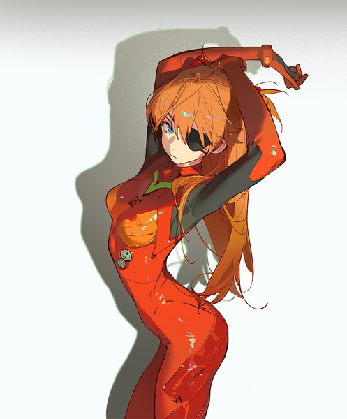 Anime picture 828x1000 with neon genesis evangelion rebuild of evangelion evangelion: 3.0 you can (not) redo gainax soryu asuka langley shikinami asuka langley ask (askzy) single long hair tall image looking at viewer fringe breasts blue eyes simple background hair between eyes standing orange hair arms up shadow