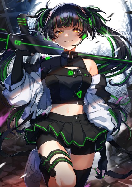 Anime picture 905x1280 with idolmaster idolmaster shiny colors mayuzumi fuyuko piroshiki123 single long hair tall image looking at viewer fringe black hair smile standing twintails holding yellow eyes bent knee (knees) nail polish pleated skirt multicolored hair green hair
