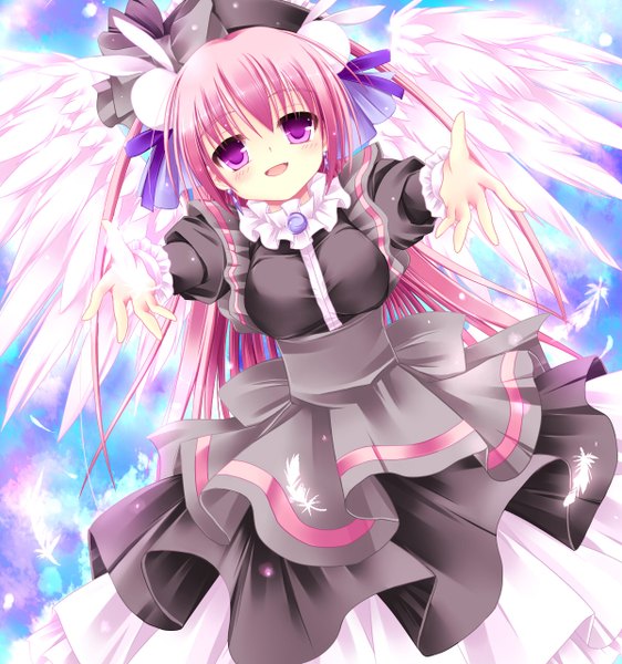 Anime picture 1200x1280 with tall image open mouth pink hair pink eyes outstretched arm girl dress hair ornament wings feather (feathers) hands