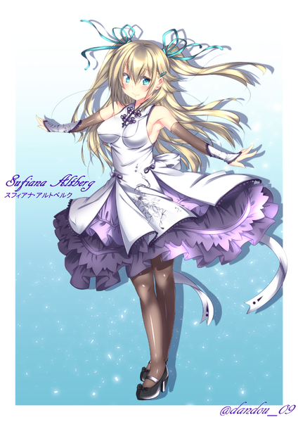 Anime picture 849x1200 with dandou single long hair tall image looking at viewer blush blue eyes blonde hair smile signed spread arms girl dress ribbon (ribbons) hair ribbon detached sleeves
