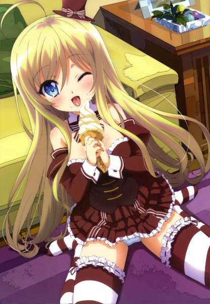 Anime picture 4086x5901 with noucome ore no nounai sentakushi ga gakuen love-comedy wo zenryoku de jam my mental choices are completely interfering with my school romantic comedy nyantype chocolat (noucome) long hair tall image blush highres blue eyes light erotic blonde hair absurdres one eye closed wink pantyshot girl thighhighs dress underwear