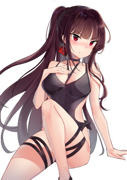 Anime picture 2480x3508 with girls frontline wa2000 (girls frontline) bada (jksh5056) single long hair tall image blush fringe highres breasts light erotic simple background red eyes brown hair white background sitting payot looking away bent knee (knees) ponytail