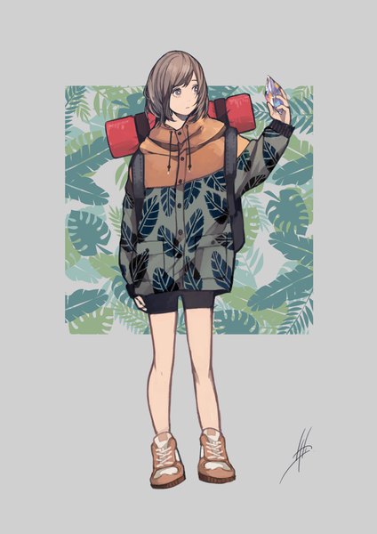 Anime picture 2480x3508 with original nanakawa (nanasoon) single tall image highres short hair brown hair signed looking away full body grey background bare legs grey eyes girl shorts boots gem