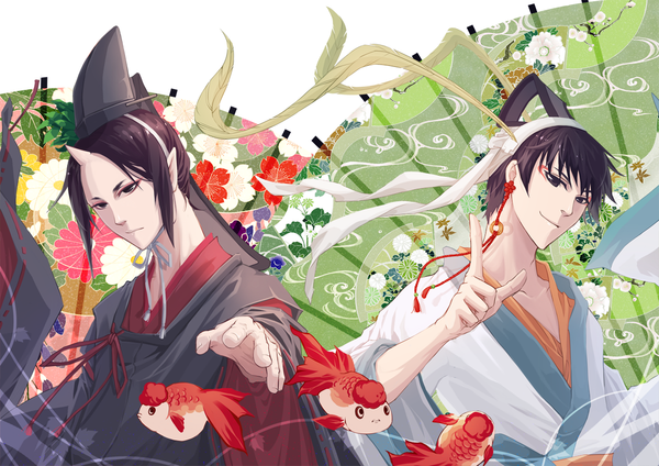 Anime picture 1200x849 with hoozuki no reitetsu wit studio hoozuki (hoozuki no reitetsu) hakutaku (hoozuki no reitetsu) qinshou looking at viewer short hair black hair smile traditional clothes japanese clothes horn (horns) pointy ears black eyes multiple boys chinese clothes demon boy earrings headdress