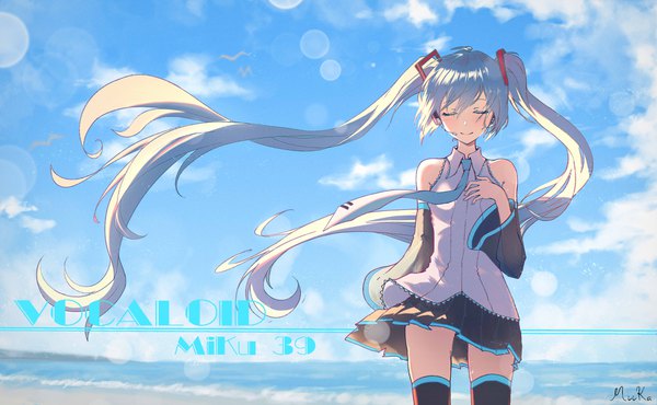 Anime picture 4375x2700 with vocaloid hatsune miku miika505 single fringe highres smile hair between eyes wide image standing twintails bare shoulders signed blue hair absurdres sky cloud (clouds) ahoge eyes closed very long hair