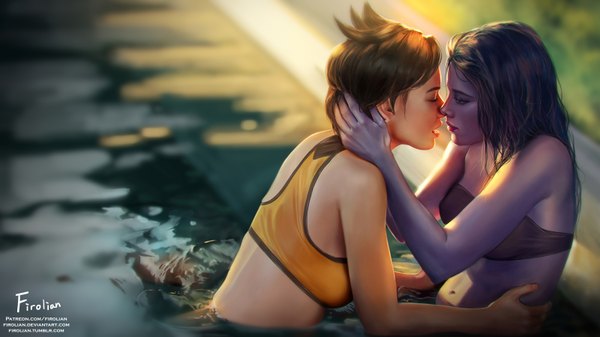 Anime picture 1600x900 with overwatch blizzard entertainment widowmaker (overwatch) tracer (overwatch) firolian long hair short hair open mouth light erotic black hair wide image bare shoulders multiple girls signed looking away upper body outdoors eyes closed profile lips
