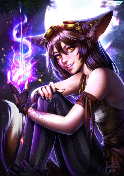 Anime picture 1024x1448 with original katrin fox ayyasap kate-fox single long hair tall image looking at viewer brown hair sitting signed animal ears yellow eyes bent knee (knees) tail nail polish animal tail tattoo lipstick fox ears