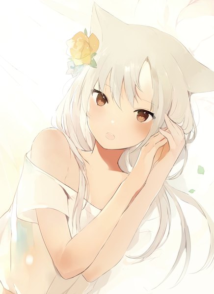 Anime picture 742x1021 with original lpip single long hair tall image looking at viewer blush fringe open mouth simple background white background bare shoulders brown eyes animal ears upper body white hair hair flower cat ears dutch angle close-up