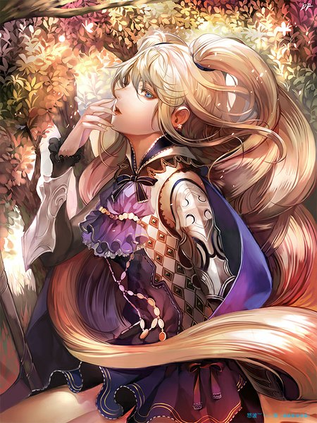 Anime picture 650x866 with original dapang single tall image fringe open mouth blue eyes blonde hair very long hair sunlight finger to mouth girl dress plant (plants) earrings tree (trees) armor leaf (leaves) cloak armored dress