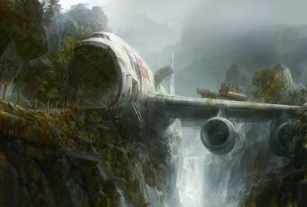 Anime picture 1200x812 with original paperblue wallpaper landscape ruins rock overgrown plant (plants) animal aircraft bridge airplane