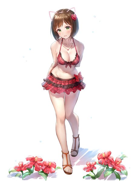 Anime picture 1502x2048 with idolmaster idolmaster cinderella girls maekawa miku takeashiro single tall image looking at viewer blush fringe short hair breasts open mouth light erotic simple background brown hair large breasts standing white background bare shoulders green eyes