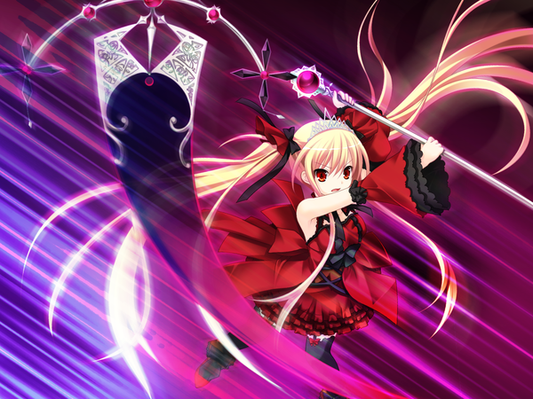 Anime picture 1426x1070 with bloody rondo (game) luna freed queen makita maki blonde hair red eyes twintails game cg loli gothic girl thighhighs dress black thighhighs detached sleeves scythe