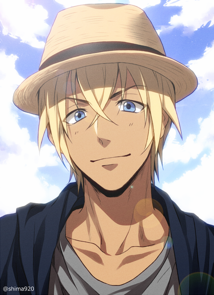 Anime picture 600x822 with detective conan amuro tooru mashima shima single tall image looking at viewer blush fringe short hair blue eyes blonde hair smile hair between eyes signed sky cloud (clouds) upper body twitter username lens flare portrait