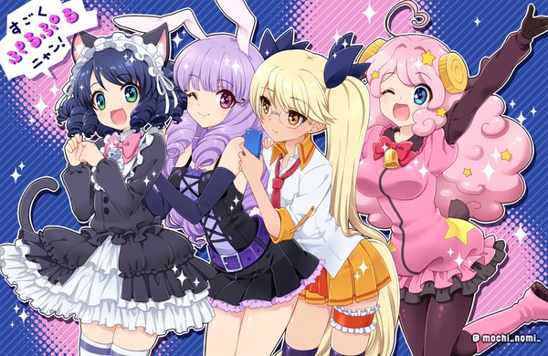 Anime picture 1200x780 with show by rock!! studio bones cyan (show by rock!!) retoree (show by rock!!) chuchu (show by rock!!) moa (show by rock!!) mochiya marosuke looking at viewer blush fringe short hair breasts open mouth blue eyes blonde hair smile standing twintails bare shoulders multiple girls
