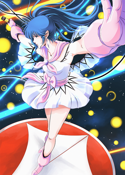 Anime picture 858x1200 with macross macross: do you remember love? lynn minmay waeba yuusee single long hair tall image fringe blue eyes standing holding blue hair looking away full body profile bare legs armpit (armpits) floating hair side ponytail drill hair