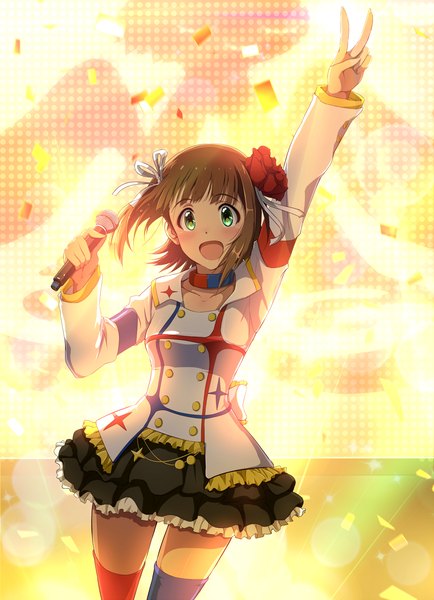 Anime picture 1100x1518 with idolmaster idolmaster movie amami haruka hina (araburu-hinadori) single tall image blush short hair open mouth smile brown hair green eyes :d hair flower victory light different thighhighs girl thighhighs skirt