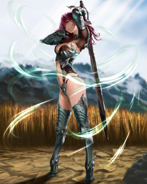 Anime picture 1280x1600 with original shisshou senkoku single long hair tall image looking at viewer breasts light erotic brown eyes red hair girl gloves navel weapon sword elbow gloves boots armor thigh boots