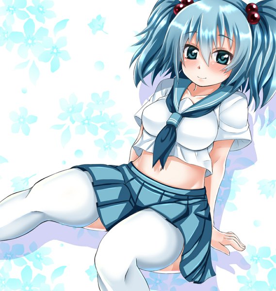 Anime picture 949x1000 with touhou kawashiro nitori ebi 193 single tall image looking at viewer blush fringe short hair breasts blue eyes twintails blue hair light smile girl thighhighs skirt white thighhighs