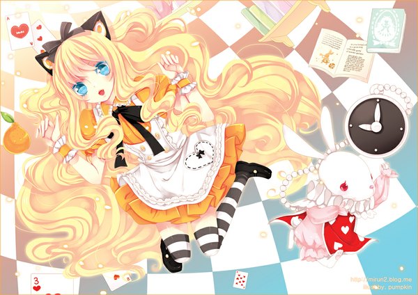 Anime picture 1000x707 with vocaloid seeu single long hair looking at viewer blush open mouth blue eyes blonde hair animal ears girl thighhighs dress frills book (books) striped thighhighs bunny card (cards)