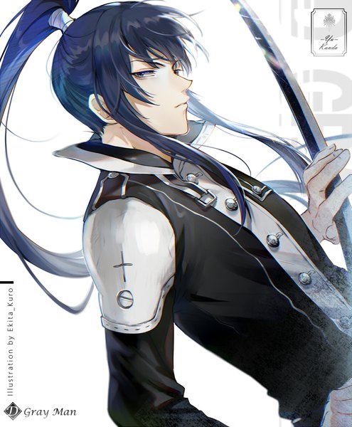 Anime picture 981x1190 with d.gray-man kanda yuu ekita xuan single long hair tall image looking at viewer fringe blue eyes black hair simple background white background holding signed payot upper body ponytail profile copyright name character names