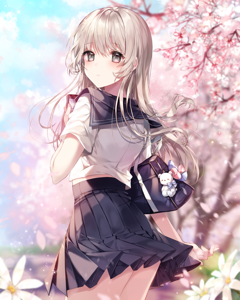 Anime picture 1889x2362 with original taya oco single long hair tall image blush fringe highres blonde hair hair between eyes holding looking away outdoors pleated skirt looking back wind blurry short sleeves grey eyes cherry blossoms