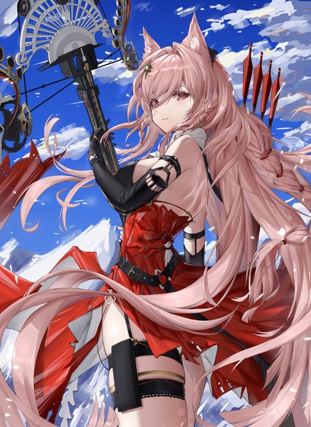 Anime picture 1976x2715 with arknights pozyomka (arknights) laomotou single long hair tall image looking at viewer fringe highres breasts hair between eyes standing holding animal ears pink hair sky cloud (clouds) braid (braids) very long hair pink eyes