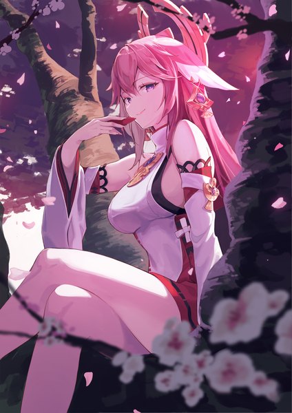 Anime picture 2528x3575 with genshin impact yae miko siro joon single long hair tall image looking at viewer fringe highres light erotic smile hair between eyes sitting purple eyes animal ears pink hair traditional clothes japanese clothes fox ears crossed legs
