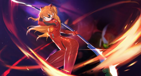Anime picture 1299x700 with neon genesis evangelion gainax soryu asuka langley smile (mm-l) single long hair looking at viewer fringe breasts blue eyes wide image standing holding bent knee (knees) arm up orange hair leaning two side up depth of field leaning forward