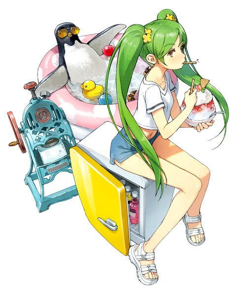 Anime picture 1600x1981 with original yoshida seiji single long hair tall image looking at viewer simple background white background sitting twintails yellow eyes profile green hair girl navel animal food shorts sweets bird (birds)