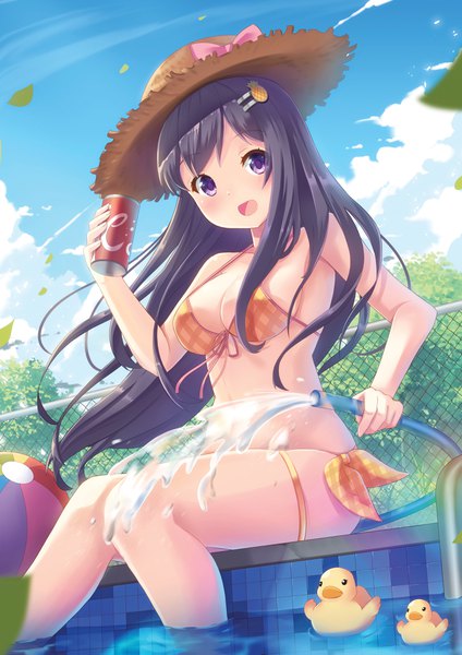 Anime picture 2894x4093 with original moe2018 holmemee single long hair tall image looking at viewer blush fringe highres breasts open mouth light erotic black hair smile hair between eyes large breasts sitting purple eyes bare shoulders