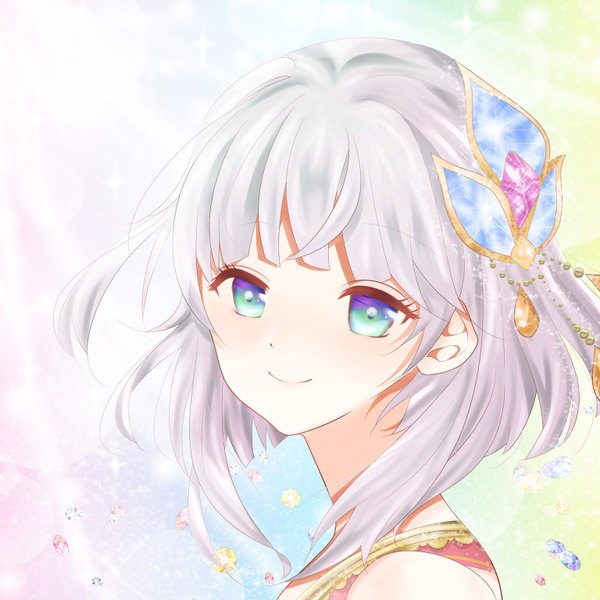 Anime picture 1536x1536 with shironeko project tina (shironeko project) benioto single fringe short hair simple background smile purple eyes green eyes looking away silver hair portrait multicolored eyes girl hair ornament gem