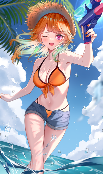 Anime picture 1033x1750 with virtual youtuber hololive hololive english takanashi kiara shirase rin single long hair tall image looking at viewer blush fringe breasts open mouth light erotic smile hair between eyes large breasts purple eyes sky cloud (clouds)