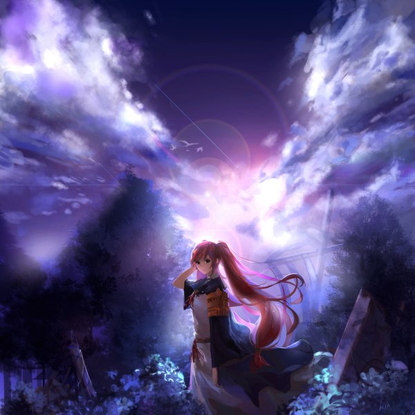 Anime picture 1400x1400 with dungeon and fighter ophelia bagrans kinven single looking at viewer standing twintails cloud (clouds) red hair very long hair traditional clothes wind flying samurai girl plant (plants) animal tree (trees) bird (birds)